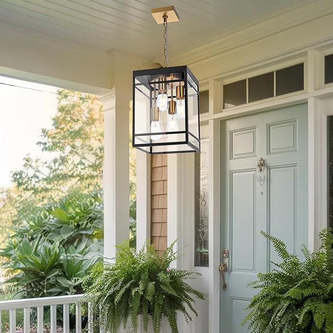 Large Outdoor Pendant Light Fixture for Porch, Black Brass Outdoor Hanging Lantern Pendant Light with Clear Glass, 4 Lights Exterior Porch Chandelier for Outside Patio,Front Door,Enterway