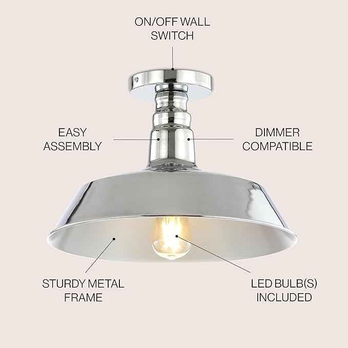 JONATHAN Y 14" Chrome Industrial LED Semi Flush Mount Ceiling Light for Porch, Kitchen, Entryway, Modern Farmhouse Iron Fixture, White Metal Shade, LED Bulb Included (JYL9516B)