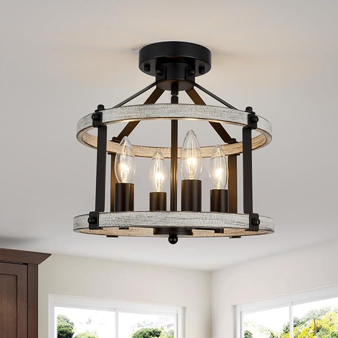 Farmhouse Semi Flush Mount Ceiling Light Fixture, 12.5 Inch 4-Light Rustic Ceiling Mount Light Fixtures, Round Oak Wood Finish Flush Mount Lights for Kitchen Bedroom Hallway Laundry Room