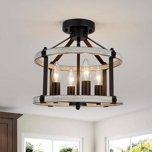 Farmhouse Semi Flush Mount Ceiling Light Fixture, 12.5 Inch 4-Light Rustic Ceiling Mount Light Fixtures, Round Oak Wood Finish Flush Mount Lights for Kitchen Bedroom Hallway Laundry Room