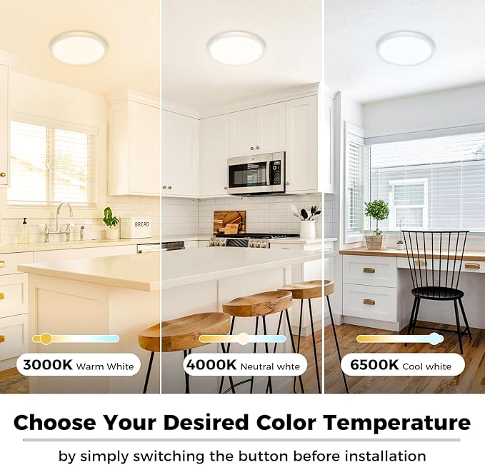 zemty LED Ceiling Light Fixture 6.5 Inch, 12W 1200lm Light Fixtures, Adjustable 3000K 4000K 6500K, Round Flat Ceiling Lamp for Bathroom Closet Hallway Laundry
