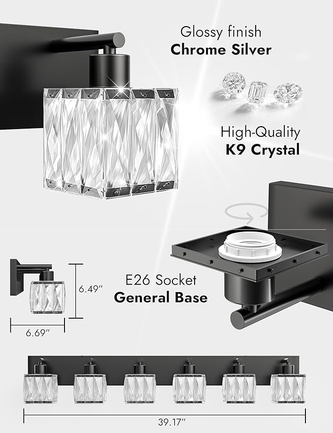 VOLISUN Black Bathroom Light Fixtures, Modern Bathroom Lighting Fixtures Over Mirror, 6 Light Bathrooms Vanity Light, Crystal Vanity Light for Bathrooms-UL Certificated(Exclude Bulb)