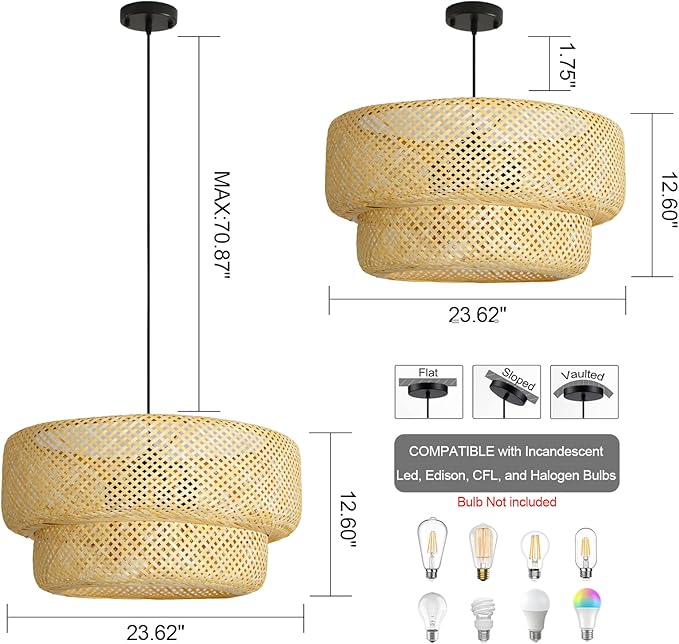 23.62” Farmhouse Bamboo Chandelier 4-Lights Large Hand-Woven Rattan Pendant Light Boho Wicker Dining Room Lights Fixtures for Living Room Bedroom Restaurant Cafe Kitchen Island