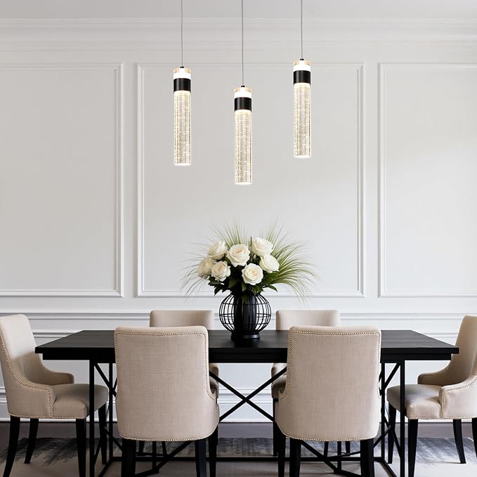 Black Pendant Lights Kitchen Island 3 Pack Crystal Hanging Pendant Light Fixtures with Crystal Bubble 3000K LED Modern Pendant Ceiling Lighting for Dining Room Restaurant Living Room Bedroom