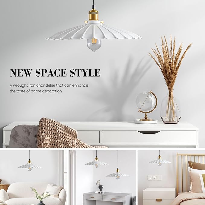 Pendant Light Fixture, White Farmhouse Vintage Pendant Light 15.7 Inch Lampshade with Adjustable Light Cord Kitchen Hanging Lights Retro Island Pendant Lights for Kitchen
