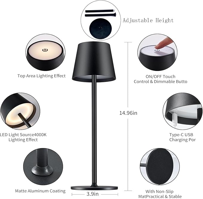 2 Packs Cordless Table Lamp, Portable LED Wireless Desk Lamp with 3 Modes Light Dimming, Adjustable Height Table Lamp, Rechargeable Waterproof Touch Lamp for Christmas Birthday Gift (2 packs-Black)