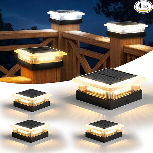 4x4 96 LED Post Solar Lights 4 Pack, 4 Lighting Modes Solar Post Cap Lights for 4x4 3.5x3.5 Wood/Vinyl Posts, Ip67 Waterproof Fence Deck Post Lights Solar Powered for Patio Porch, Black