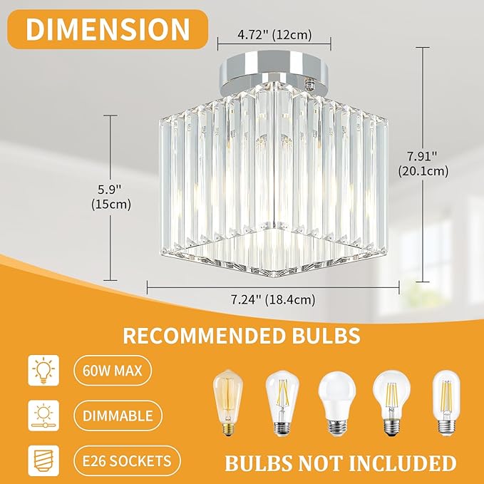 2-Pack Crystal Semi Flush Mount Ceiling Light Modern Chrome Small Square Ceiling Light Fixture Entryway Chandelier for Kitchen Bedroom Bathroom Hallway Laundry, 7.24Inch