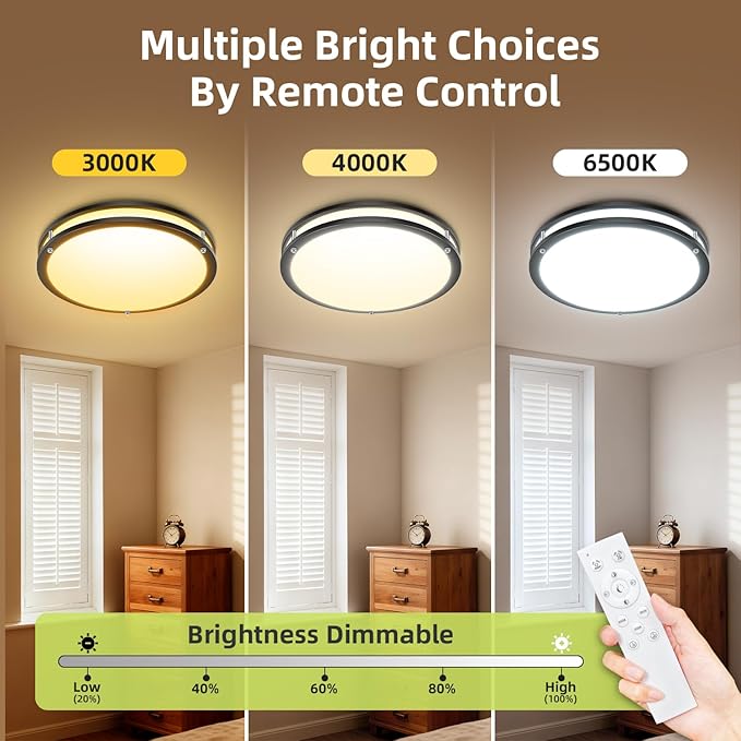 hepside Flush Mount LED Ceiling Light with Remote, Dimmable& 3000K-6500K Adjustable Ceiling Light Fixture, Timer, Night Light, 13 inch Black Ceiling Lamps for Kitchen Bathroom Bedroom Hallway
