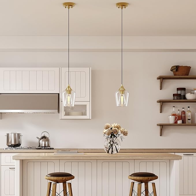 VONLUCE Pendant Lights Kitchen Island, Brushed Gold Pendant Light Fixtures with E26 Base & Adjustable Cable, Modern Pendant Lighting with Glass Shade for Living Room Bedroom Hallway, 2 Packs