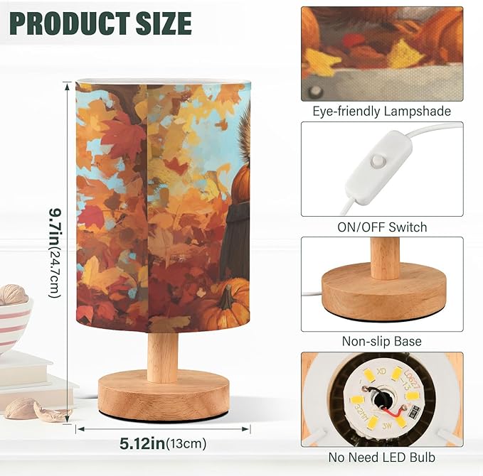 Aslsiy Fall Squirrel Pumpkins Maple Bedside Table Lamp Autumn Nightstand Lamp Night Light Fabric Shade for Bedroom Living Room Home Office