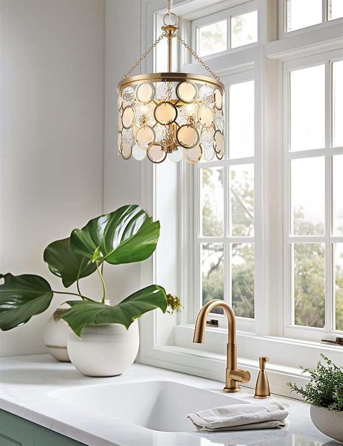 Kira Home Estelle 18" Modern Gold Pendant Light, Coastal Wavy Glass & Capiz Shell Gold Chandelier, 3-Light, Cool Brass Finish
