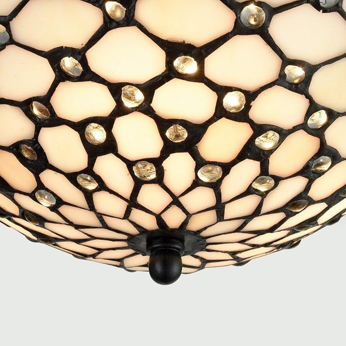 DIRYZON EUL Tiffany Style Semi Flush Mount Ceiling Fixture Antique Brass & Art Colorful Glass Shade-3 Lights