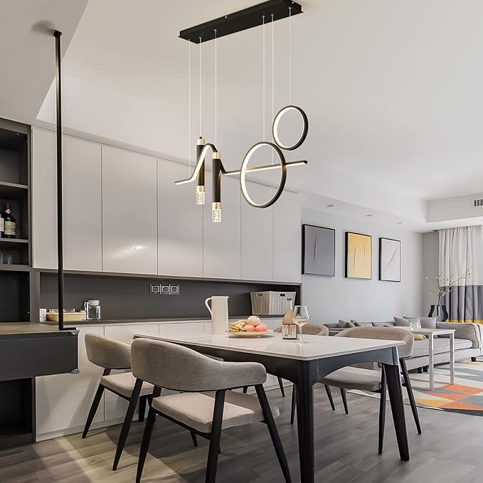 Siittoo Modern LED Pendant Lighting Fixtures, 45W Dimmable LED Modern Chandelier Lights with Geometric Shapes & Bubbles, 37'' Black Linear Wave Dining Room Light Fixture for Kitchen Island Living Room