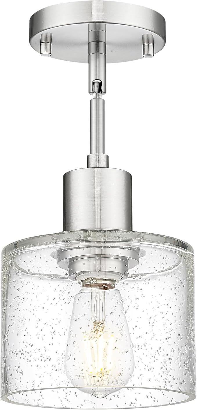 LMS Industrial Semi Flush Mount Ceiling Light, Brushed Nickel 1-Light Close to Ceiling Light with Seeded Glass Shade, Modern Ceiling Lmap for Hallway Corridor Kitchen, LMS-101BN