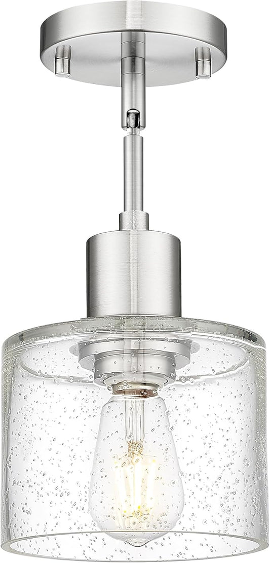 LMS Industrial Semi Flush Mount Ceiling Light, Brushed Nickel 1-Light Close to Ceiling Light with Seeded Glass Shade, Modern Ceiling Lmap for Hallway Corridor Kitchen, LMS-101BN