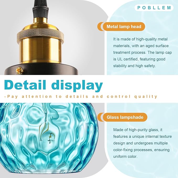 Globe Hanging Light Fixture with Plug in Cord, Blue Coastal Pendant Lighting Plug in, 13.8" Large Hammered Glass Hanging Swag Lamp for Kitchen Dining Room Living Room Bedroom