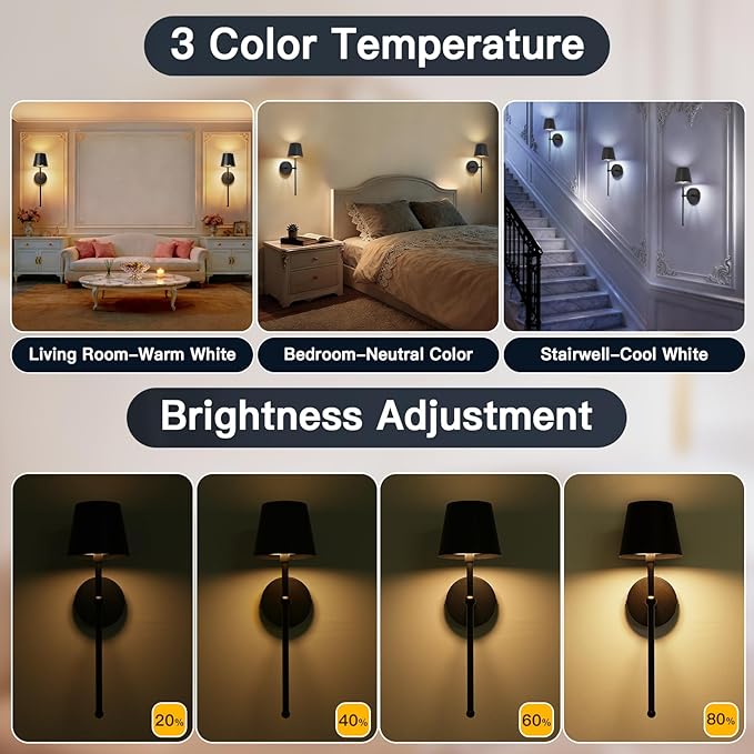 TaoFiaCo Battery Operated Wall Sconces Set of 2, Wireless Wall Sconce with Remote Dimmable Timer, Rechargeable 5200mAh, Cordless Wall Light for Bedroom Living Room, Hallway, Light Decor