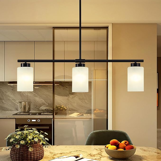31" Kitchen Island Lighting 3 Light Black Pendant Light for Kitchen Island with Milk Glass Shade Modern Linear Chandelier Adjustable Hanging Farmhouse Light Fixtures Over Dining Table Living Room，E26
