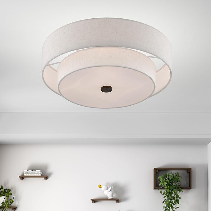 Livex Lighting 51085-92 4-Light Semi Flush Mount Ceiling Fixture with Oatmeal Color Fabric Hardback Drum Shade and Satin White Diffuser, English Bronze