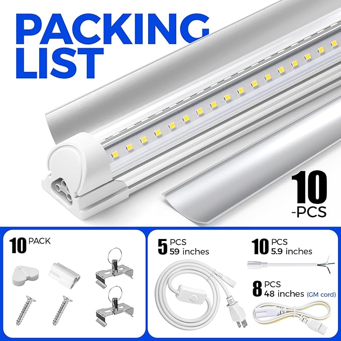 Barrina LED Shop Light 4FT, 40W 5500LM 6500K, Linkable, Integrated T8 Fixture, V Shape Ceiling Light for Garage, Warehouse, Workshop, 10 Packs