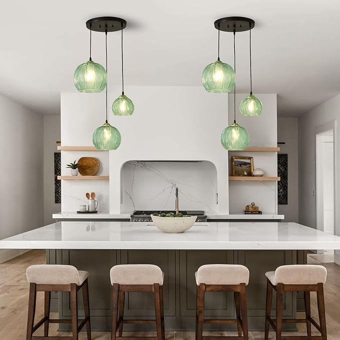 3-Light Glass Globe Light for Kitchen Island, Mid-Century Modern Pendant Ball Chandelier with Green Ribbed Lampshade, Vintage Hanging Ceiling Light Fixture for Dining Room, Over Sink, Table