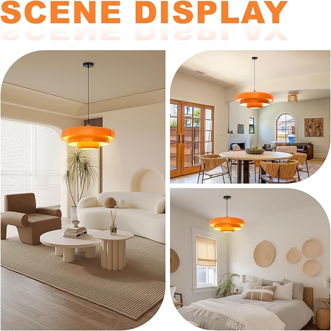 Mid Century Modern Orange Pendant Light, 17.7" Large 3-Layer Metal Shade Flush Mount Chandelier for Kitchen Island, Dining Room, Bar, Vintage Farmhouse Ceiling Light Fixture