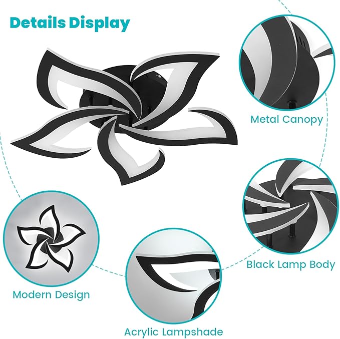 Goeco Modern Flower Flush Mount Ceiling Light with Remote Control, 3000K-6500K LED Dimmable 5-Petals Black Ceiling Light for Living Room, Kitchen, Dining Room, Bedroom