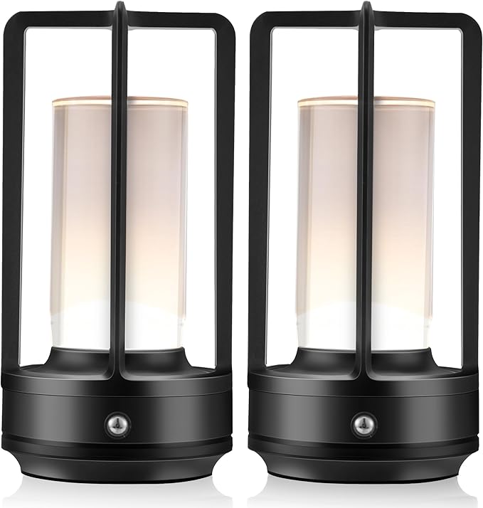 Anxingtools Portable Metal Table Lamp, Cordless Table Lamp, Rechargeable Battery Powered Portable LED Desk Lamp, 3 Color Stepless Dimming Touch, for Bedroom Restaurant Home Outdoor (2 Set of Black)