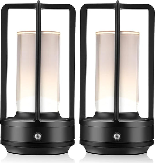 Anxingtools Portable Metal Table Lamp, Cordless Table Lamp, Rechargeable Battery Powered Portable LED Desk Lamp, 3 Color Stepless Dimming Touch, for Bedroom Restaurant Home Outdoor (2 Set of Black)