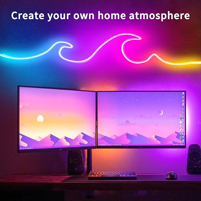 32.8ft LED Neon Lights with Remote and APP Control, IP65 Waterproof Flexible Neon Strip Lights 24V RGB LED Rope Lights for Bedroom,Living Room,DIY Decoration（with Snap &Screws）