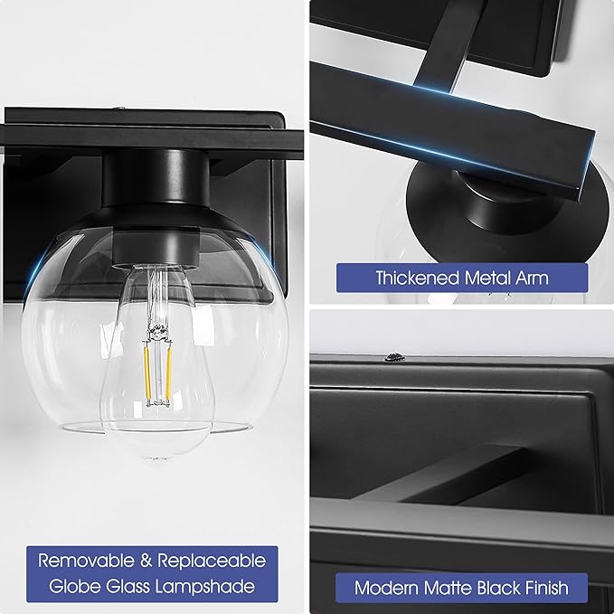 Bathroom Sconces Set of 2, Black Wall Sconces Set of Two, Bathroom Vanity Light with Clear Glass Shade, Modern Wall Light Fixtures for Bath Mirror Hallway Bedroom Living Room, Hardwired, E26 Base