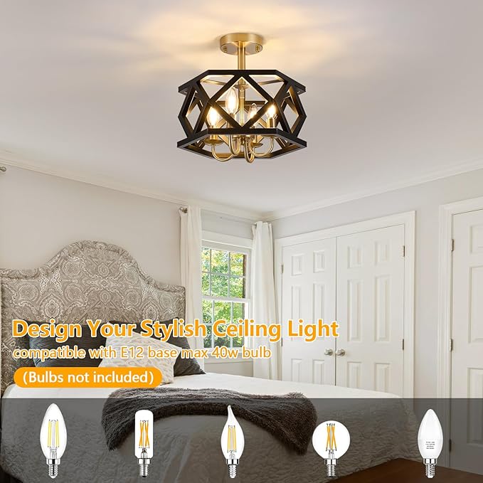 Black and Brushed Gold Semi Flush Mount Ceiling Light, Farmhouse Modern Light Fixture, 4-Light Metal Hallway Ceiling Lamp, Small Chandelier for Foyer Entryway Porch Bedroom Kitchen, E12 Base
