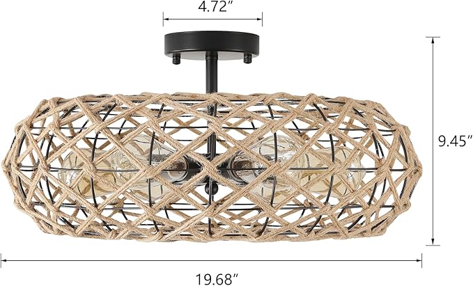 6-Light Large Coastal Boho Woven Flush Mount Ceiling Light Fixture 20 inch Handmade Hemp Rope Round Cage Semi Flush Mount Ceiling Light for Hallway Entry Farmhouse Bedroom Living Room Beach, Black