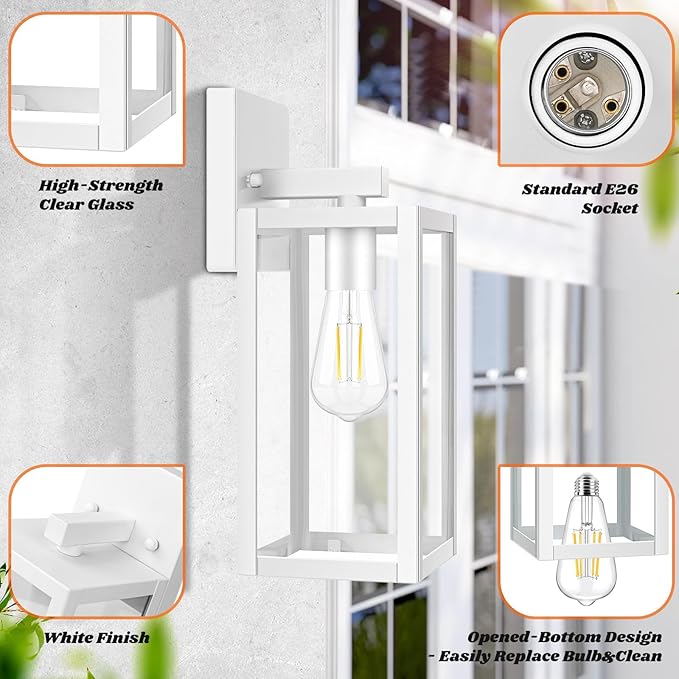 Brightever 2-Pack Outdoor Wall Light Fixtures, Waterproof Anti-Rust Outside Wall Sconce Lantern with Clear Glass, Exterior Front Porch Lights for House Garage Doorway, Bulbs Not Included, White