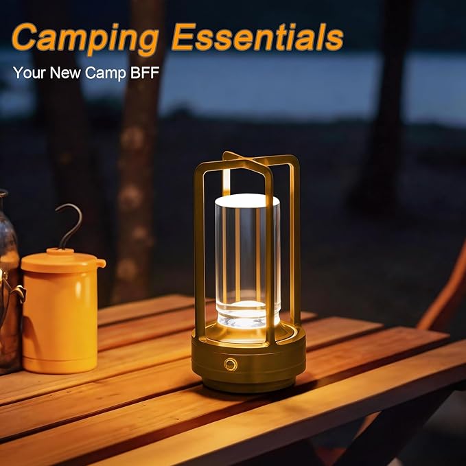 Rechargeable Table Lamp Cordless, 3 Color | Crystal | Stepless Dimming, for Bedroom, Cafe, Camping, Bar, Dining Table, Restaurant, Gold