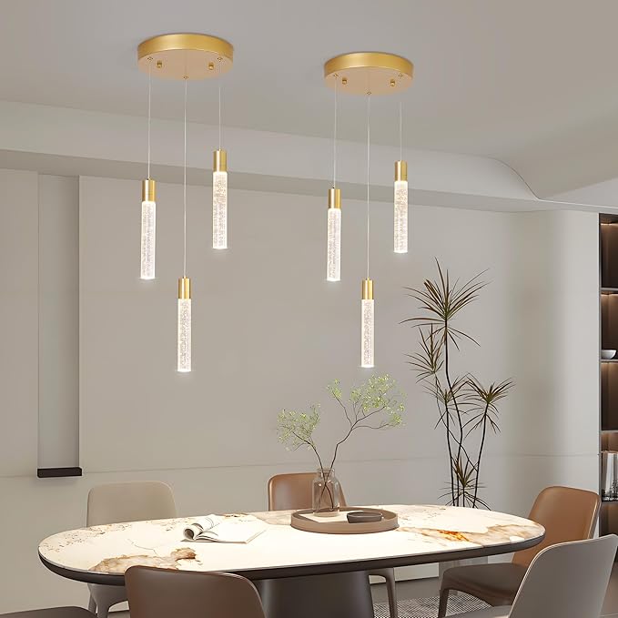3-Light Bubble Crystal Ceiling Gold Integrated Crystal Pendant Chandelier,Dimmable LED Ceiling Light with Adjustable Height for Kitchen Island, Dining Room & Bedroom 3000K -6000K