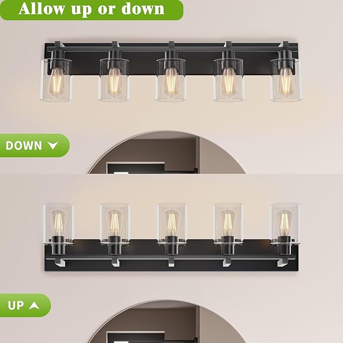 Espird Bathroom Vanity Light,5 Light Matte Black Light Fixture with Thickened Clear Glass Shade, 37 inch Modern Wall Sconce, Bathrooms Vanity Light Over Mirror for Bathroom