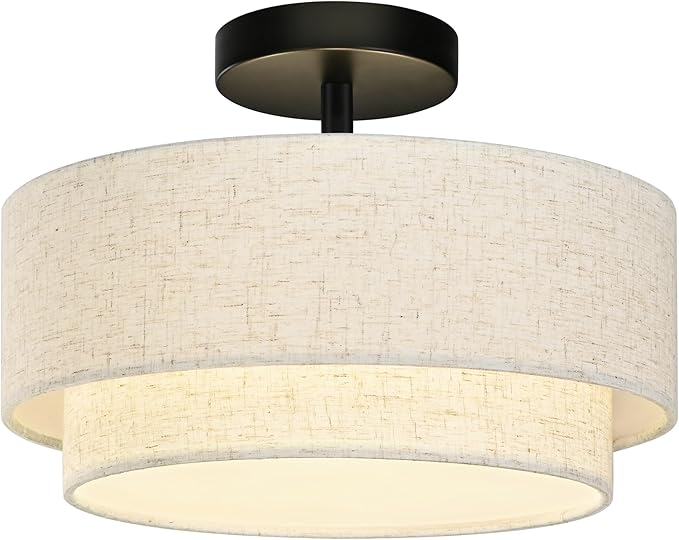 12.6 inch Flush Mount Ceiling Light Black Close to Lights Fixture with 2-Layer Fabric Shade 3-Light Drum Modern Lights for Dining Room Bedroom Hallway