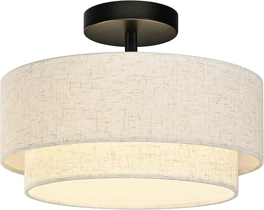12.6 inch Flush Mount Ceiling Light Black Close to Lights Fixture with 2-Layer Fabric Shade 3-Light Drum Modern Lights for Dining Room Bedroom Hallway