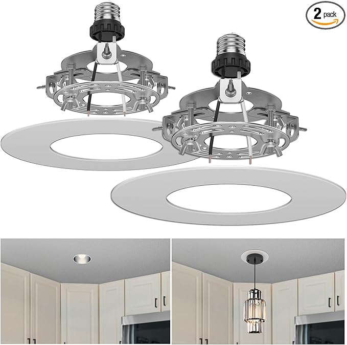 5 and 6 inch Recessed Can Light Conversion Kit, Ceiling Light Fixture Upgrade, Pendant & Hanging, 7¾ Inch Flat Steel Ceiling Medallion, White Finish 2 Packs