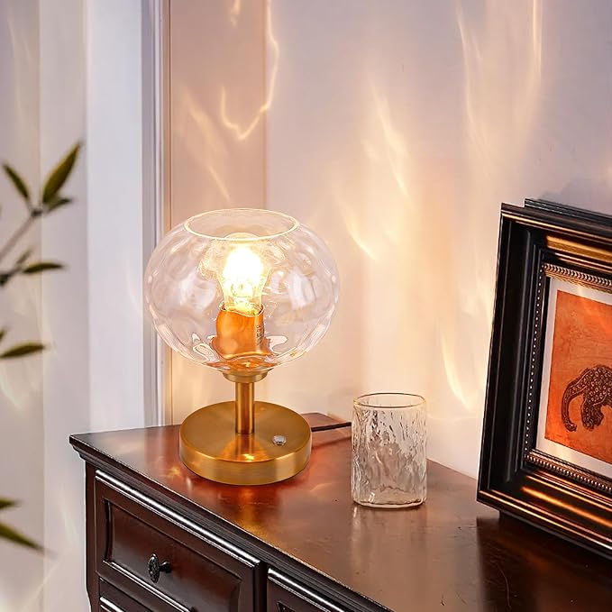 Touch Control Hammered Glass Table Lamp Brass Gold Portable Dimmable Brightness Small Nightstand Light 3-Way Stepless Dimming Bedside Bedroom Living Room (Clear Glass & Gold)