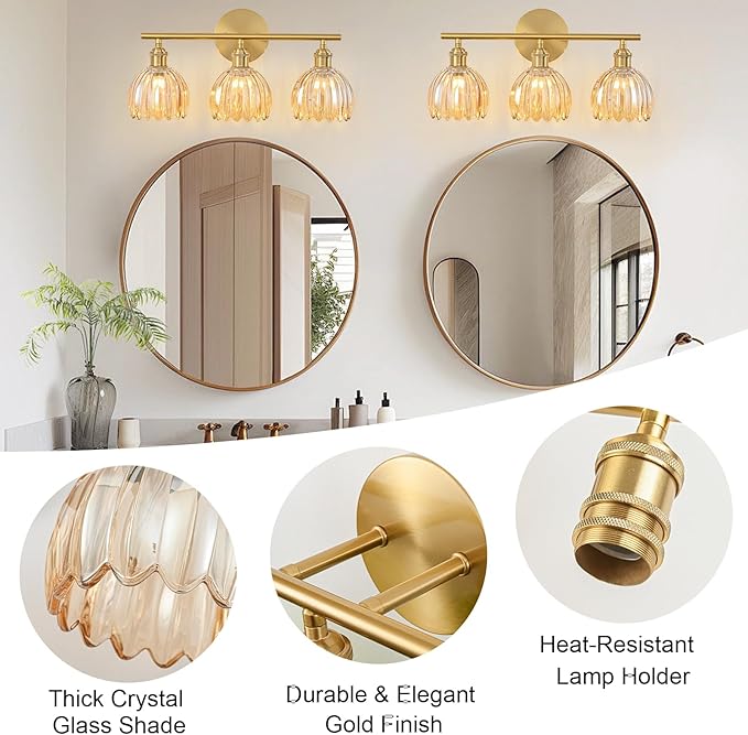 Gold Bathroom Light Fixtures Over Mirror, 3 Light Bathroom Vanity Light Fixture with Tulip Amber Glass Lampshade, Vintage Vanity Lights for Bathroom, Bathroom Vanity Lights Over Mirror