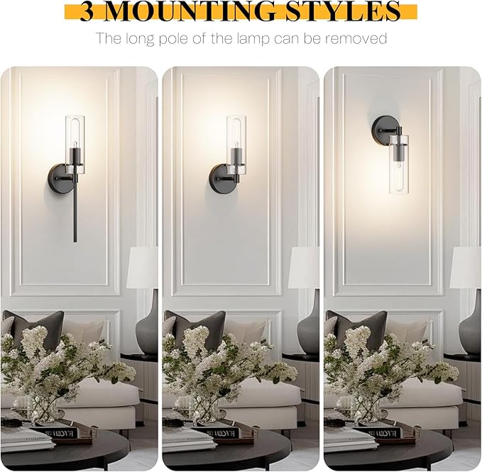 Wall Sconce Set of 2 Black Wall Light, Bathroom Vanity Light Fixture Modern Indoor Wall Light with Clear Glass Shade for Bathroom Bedroom Living Room Hallway Vanity