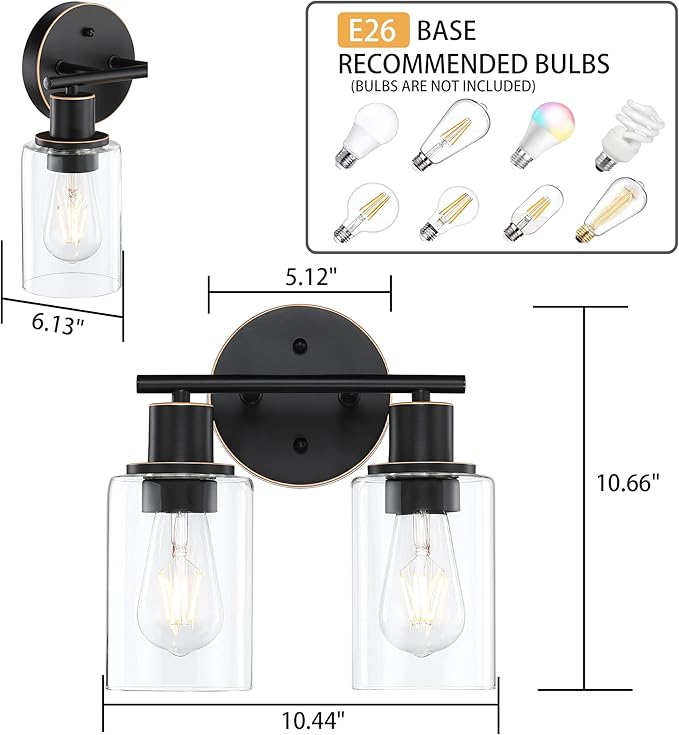 Pia Ricco Bathroom Vanity Light Fixtures, 2-Light Bathroom Wall Lights with Clear Glass Shades, Oil Rubbed Bronze Modern Wall Sconce Over Mirror, Bath Wall Sconces for Living Room Bedroom Hallway
