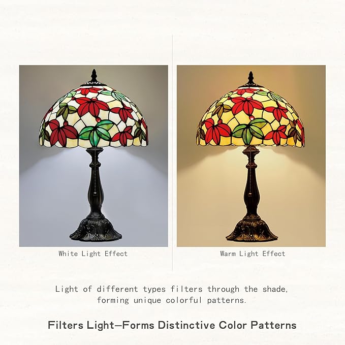Tiffany Style Stained Glass Table Lamp, Maple Leaf Desk Light with Antique Bronze Resin Base, Multicolor Reading Lighting for Bedroom, Living Room, Office 12”X12“X19 (Maple-White)
