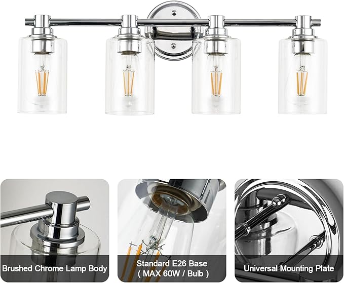 Bathroom Light Fixtures Wall Sconce Light with Clear Glass Chrome 4 Lights Bathroom Lighting Over Mirror Vanity Lights for Living Room,Bedroom,Restroom,Hallway E26 Base