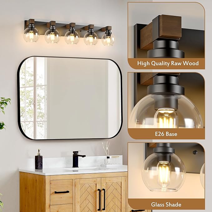 Farmhouse Bathroom Vanity Light Fixtures, 5-Light Wood Bathroom Light Fixtures Over Mirror, Rustic Vanity Lighting with Glass Shade for Living Room, Bedroom, Hallway