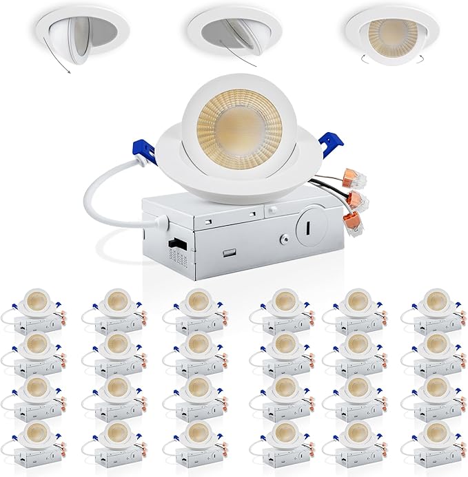 Adetu 3 Inch Gimbal Led Recessed Lighting, 360°+90° Adjustable Directional Recessed Lights, 2700K/3000K/3500K/4000K/5000K Dimmable Eyeball Canless Downlight with Jbox, ETL (White,24 Pack)