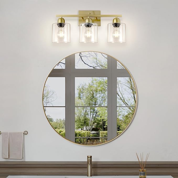 Modern Brushed Gold 3 Light Bathroom Light Fixtures, 19 inch Vanity Lights for Bathroom with Clear Glass, Bathroom Lighting Fixtures Over Mirror for Mirror Kitchen Living Room